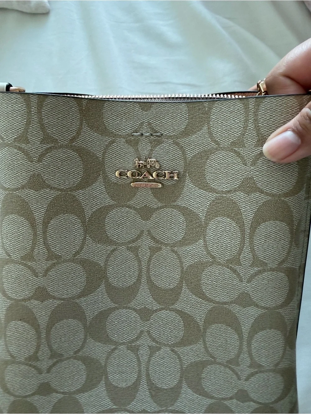 Coach Beige/Chalk Signature Crossbody Bucket Bag with Gold Logo